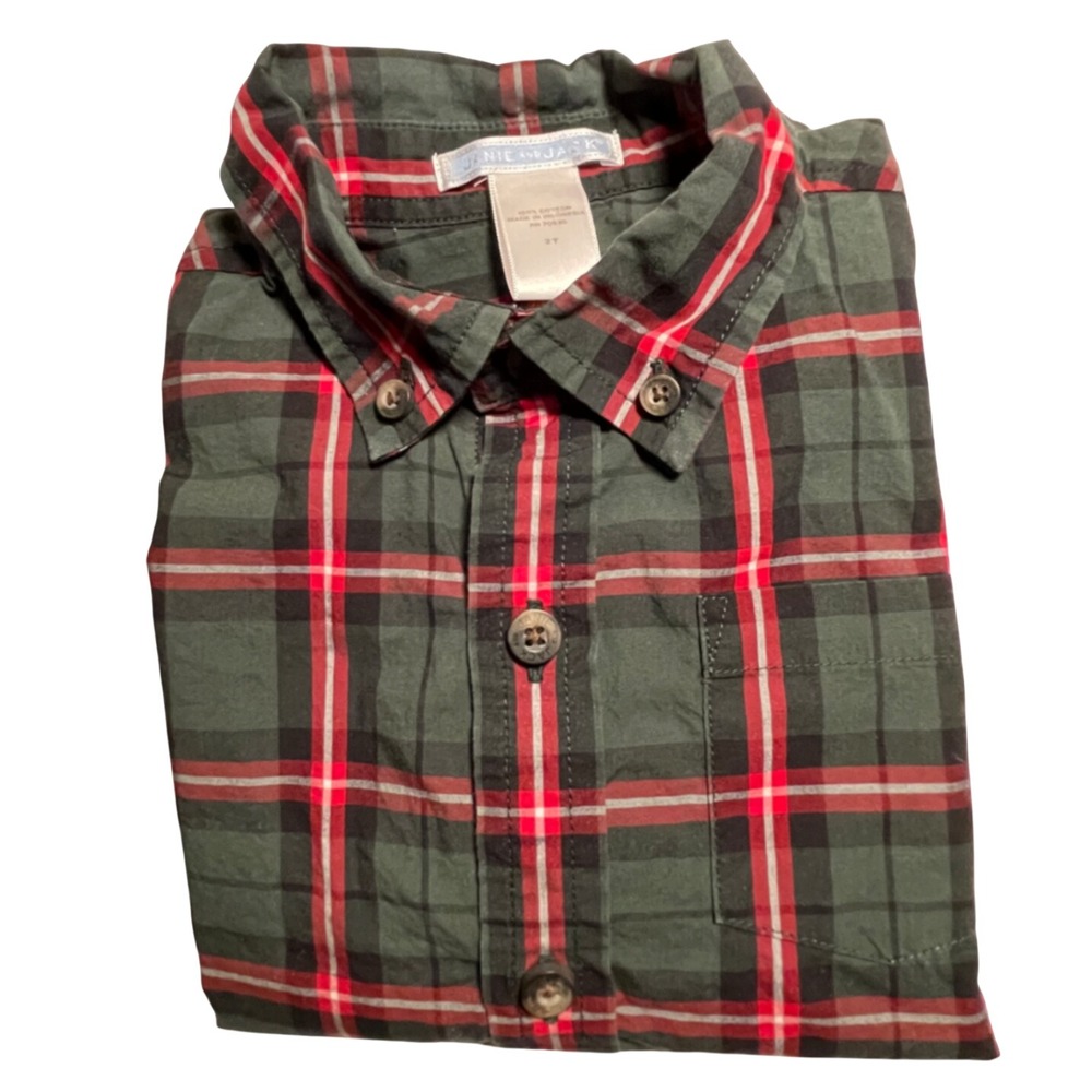 Janie and Jack Boys 2T Green Plaid Long Sleeve Button Down Shirt‎ Dogs Holiday